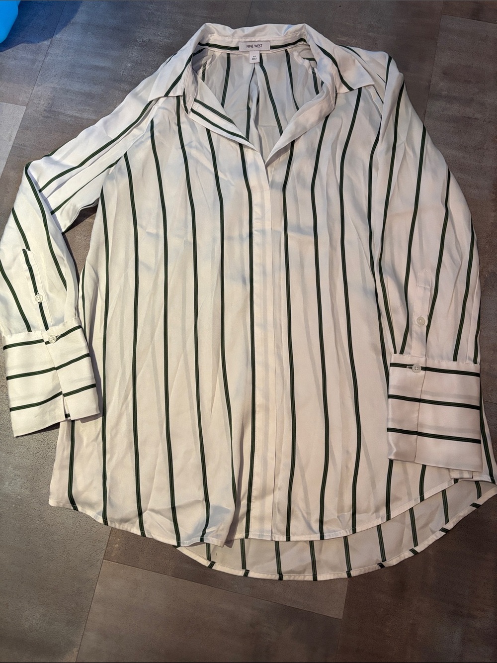 Nine West women’s size medium White Button-Up with Dark Green & Navy Stripes